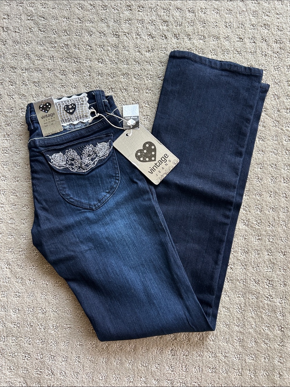 Vintage Dark Blue Boot Cut Jeans with Embroidered Heart Pocket